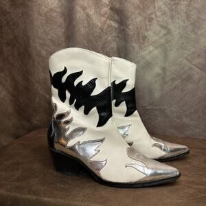 Nasty Gal Faux Leather Flame Contrast Cowboy Boots Chunky Heel Metallic UK 4